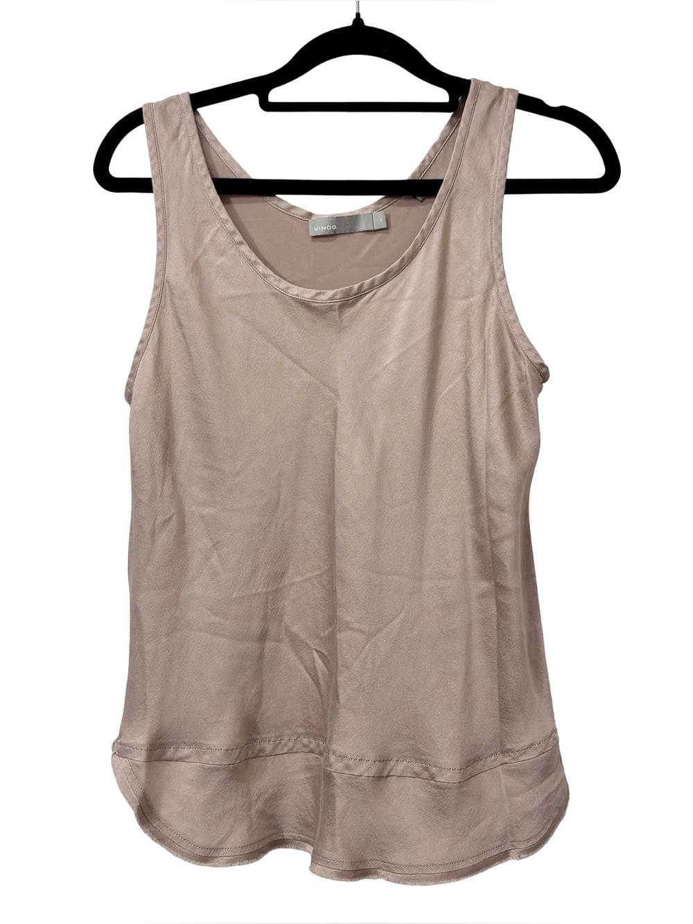 Vince Satin 100% Silk Round Hem Tan Beige Loose Fit Tank Size XS